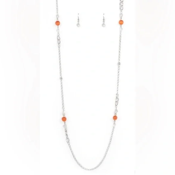 TEASINGLY TRENDY - ORANGE BEAD CAT'S EYE STONE SILVER NECKLACE - Picture 3 of 3